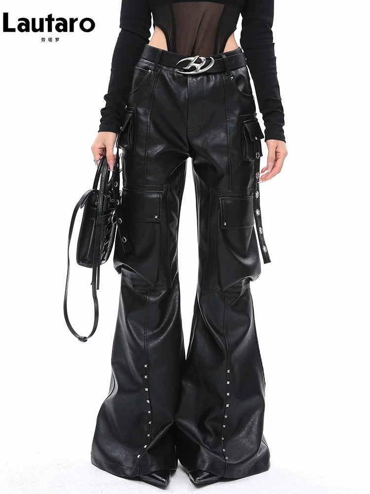 Lautaro Spring Autumn Soft Black Baggy Pu Leather Wide Leg Cargo Pants for Women High Waist Luxury Designer Emo American Clothes