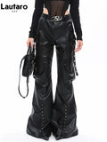 Lautaro Spring Autumn Soft Black Baggy Pu Leather Wide Leg Cargo Pants for Women High Waist Luxury Designer Emo American Clothes