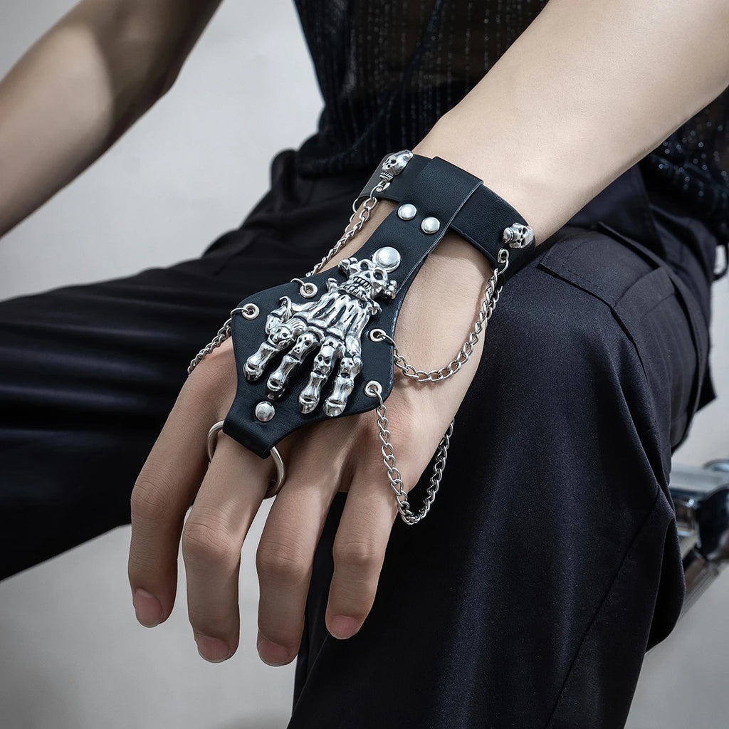 KunJoe Steampunk Skull Finger PU Leather Bracelet For Men Gothic Silver Color Link Chain Bracelets Bangles Rock Halloween