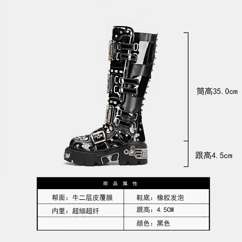 Fashion Men's Genuine Leather Motorcycle Boots Metal Goth Punk Knee High Boots Round Toe Thick-sole Spanish Street Rock Shoes