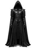 Mauroicardi Spring Autumn Extra Long Studded Black Pu Leather Poncho Overcoat Men with Hood Medieval Lace Up Luxury Cloak