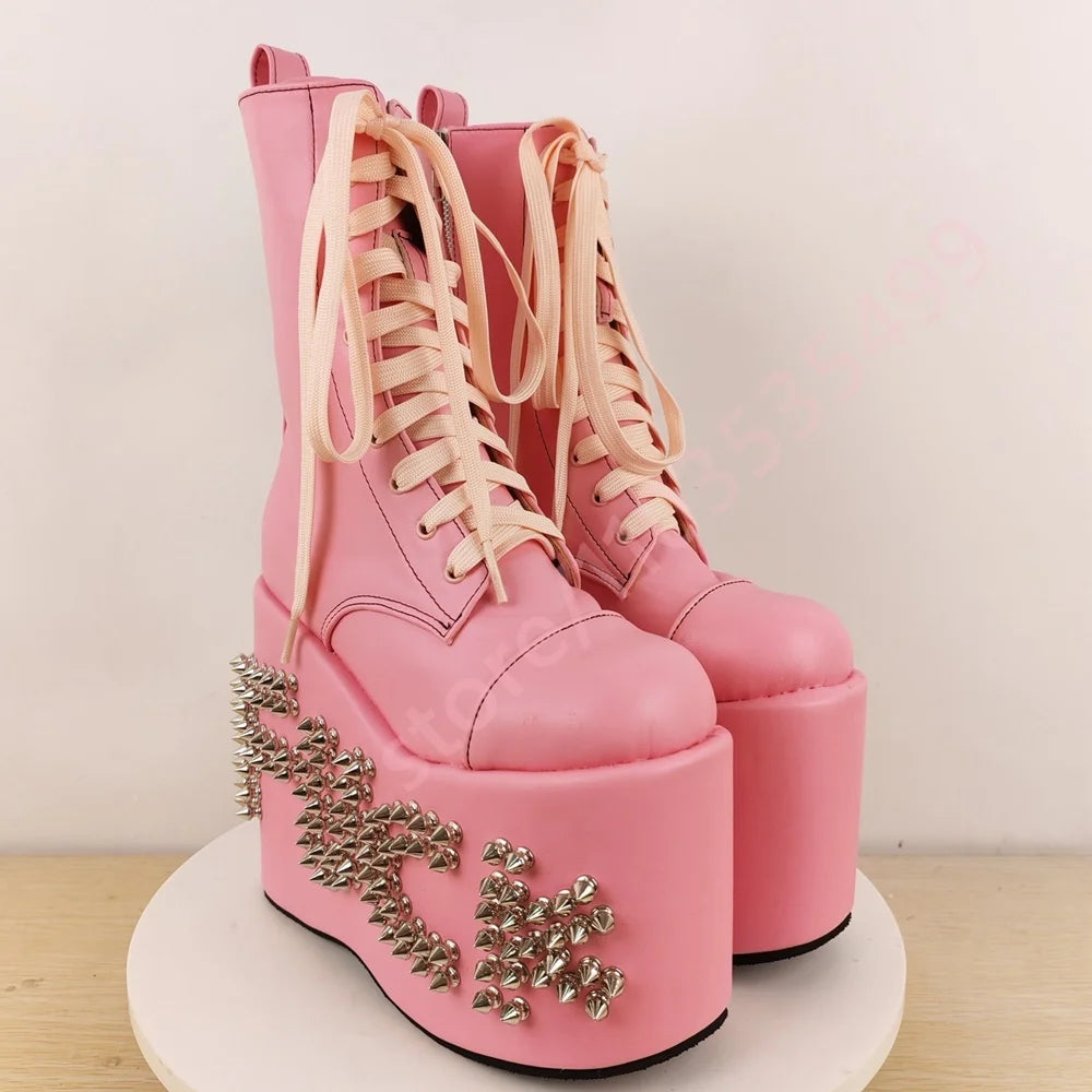 Punk Platform Studded Stage Boots 2025 New Street Rock Lace-Up Wedge Motorcycle Boots Fashion Cool Girl Party Casual Long Boots