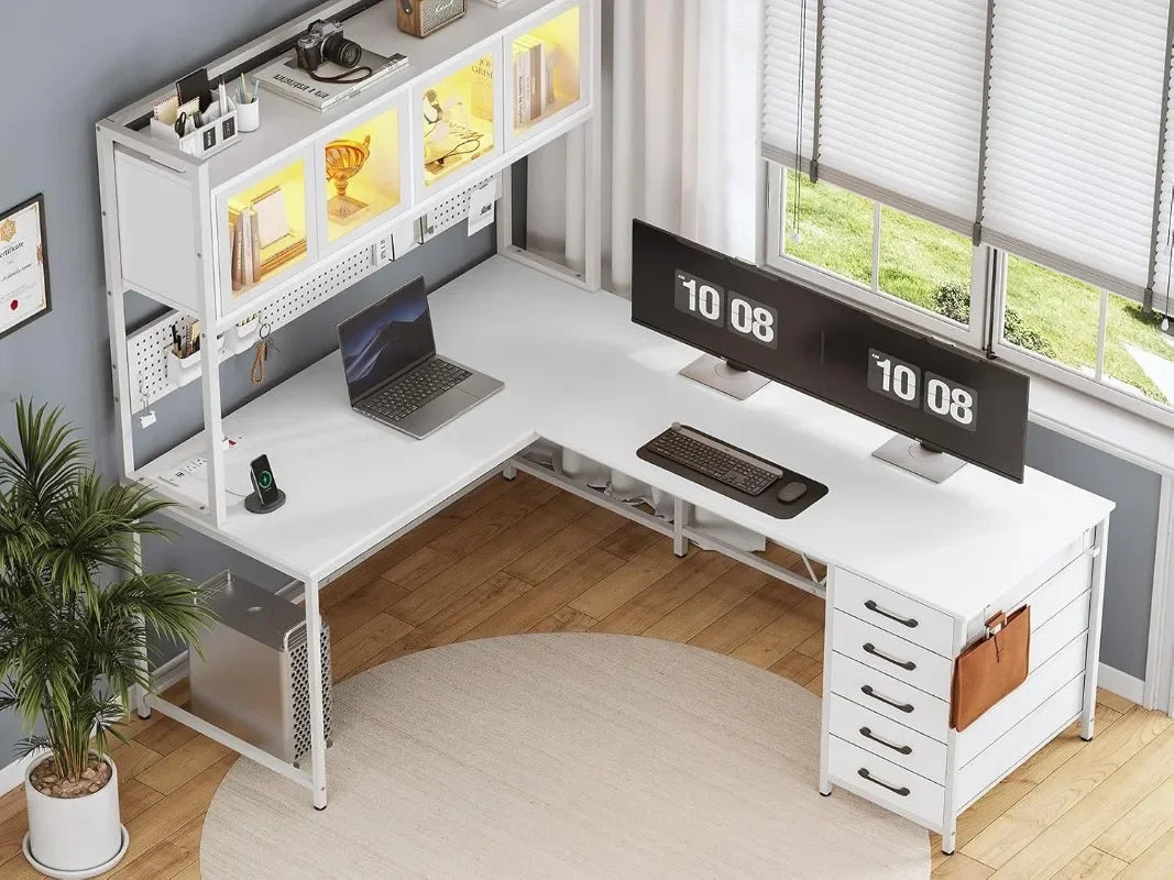 SEDETA L Shaped Gaming Desk with Drawers, L Shaped Computer Desk with Hutch and Storage Shelves, Gaming Desk with Pegboard,