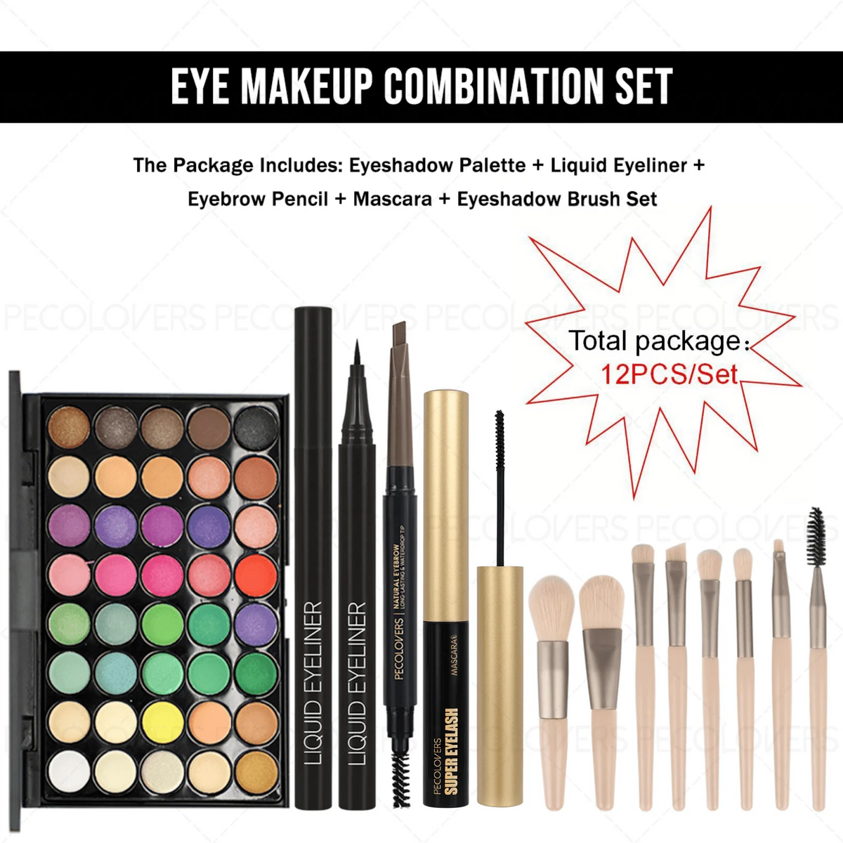 12PCS All-in-One Eye & Brow Makeup Set, 40 Shades Vibrant Color Eyeshadow Palette, Natural 3D Eyebrow Pencil, Quick-Dry Liquid Eyeliner, Volumizing Curling Mascara with Makeup Brushes, Waterproof Sweat-proof, Blendable Matte Shimmer Eyeshadow Kit