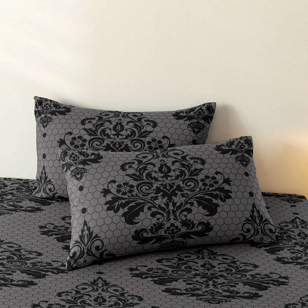3pcs Gray Background Black Damascus Pattern Duvet Cover (Includes 1 Duvet Cover & 2 Pillowcases) Black Flower Honeycomb Pattern