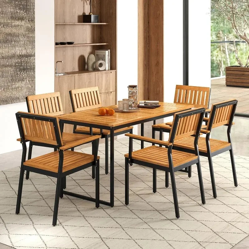 Tangkula 7 Piece Outdoor Dining Set for 6, Acacia Wood Rectangular Dining Table & 6 Armchairs w/Metal Frame, Umbrella Hole