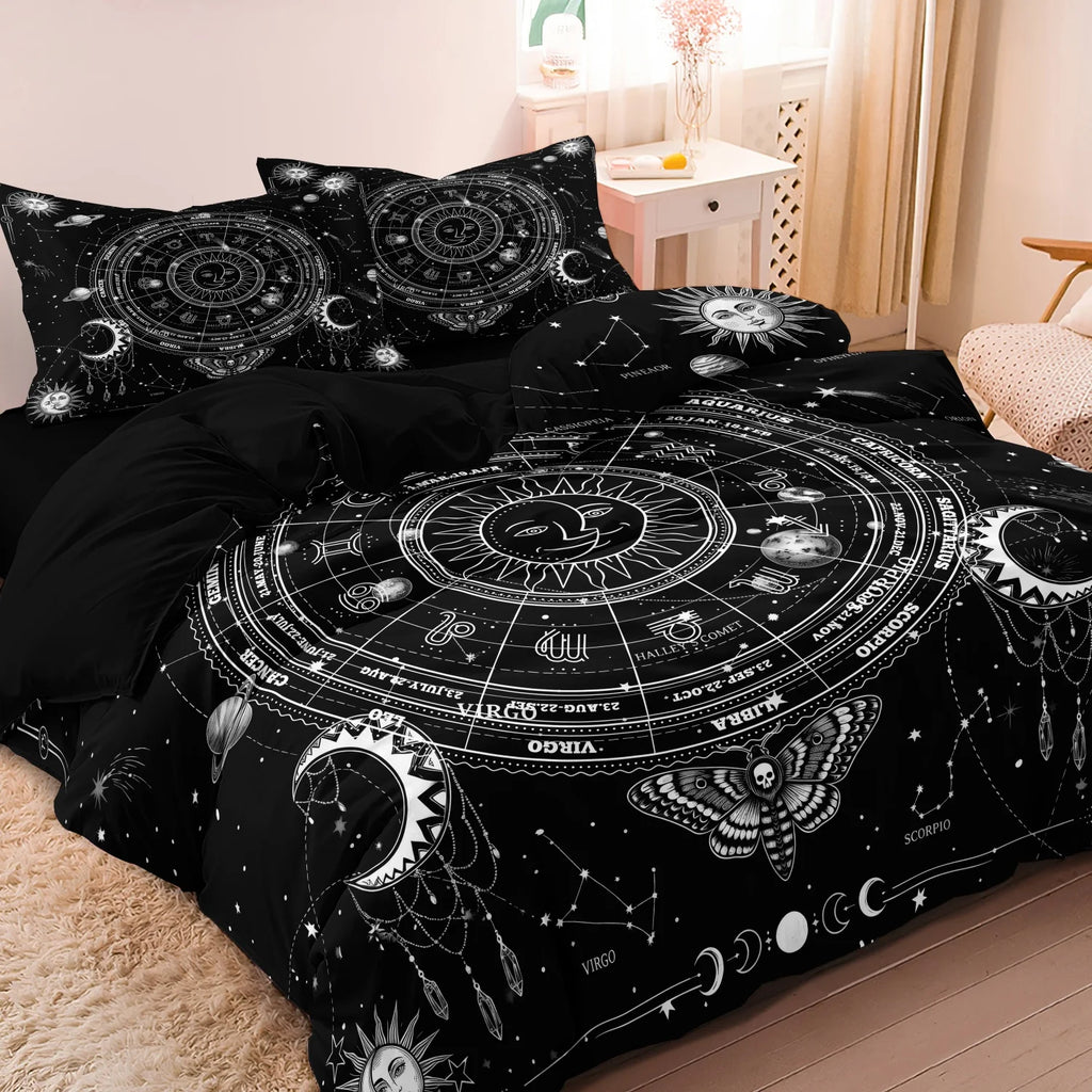 3 Pieces Dark Vintage Celestial Sun Moon Zodiac Constellation Duvet Cover Set, Planet Skull Moth Star Map Print Bedding