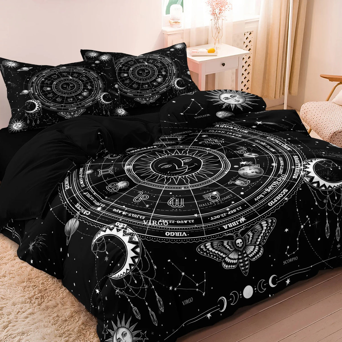 3 Pieces Dark Vintage Celestial Sun Moon Zodiac Constellation Duvet Cover Set, Planet Skull Moth Star Map Print Bedding