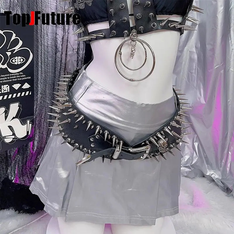 Women's Harajuku Steampunk Y2K Personalized Hip Hop Fashion Spice Girls Belt Waistband Dark Rivet Skeleton Belt Streetwear