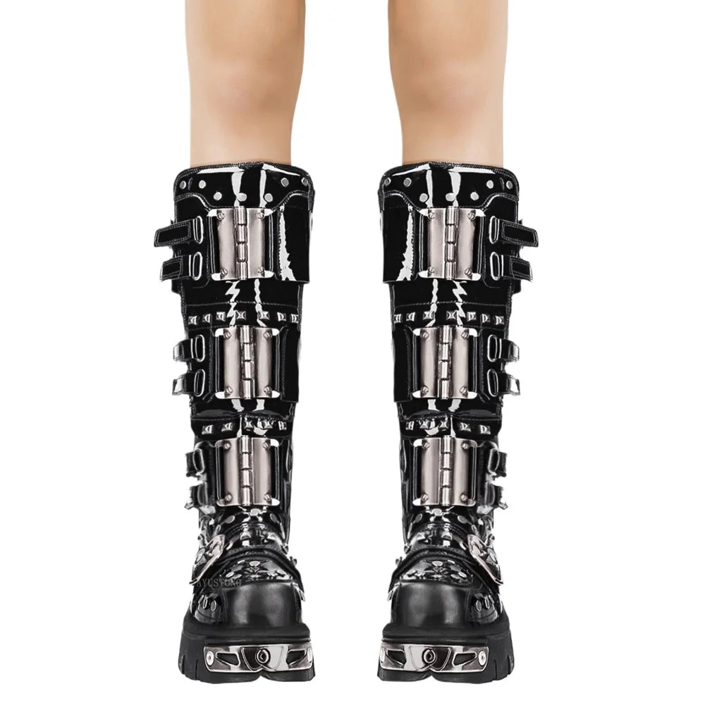 Fashion Men's Genuine Leather Motorcycle Boots Metal Goth Punk Knee High Boots Round Toe Thick-sole Spanish Street Rock Shoes