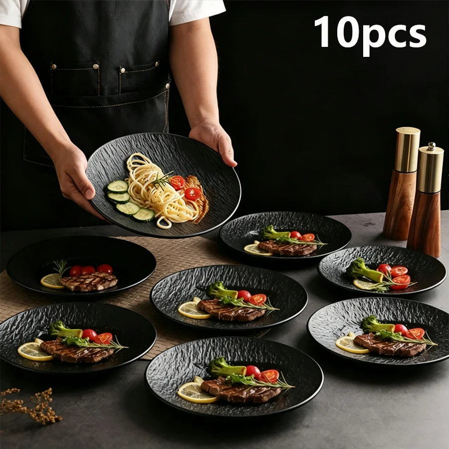 10pcs Rock-textured Shallow Plate, Reusable Main Dish, Sturdy and Not Easily Broken, Textured Embossed Design Pasta Plate - Suit