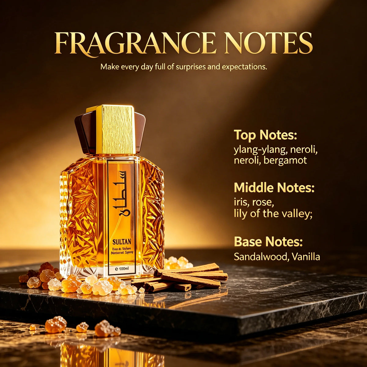 100ml Sultan Arabian Oriental Men Eau de Toilette, Long Lasting Floral Woody Cologne, Ylang Ylang Neroli Bergamot, Iris Rose Sandalwood Vanilla Scent, Luxury Middle Eastern Fragrance for Daily Dating Party Gift