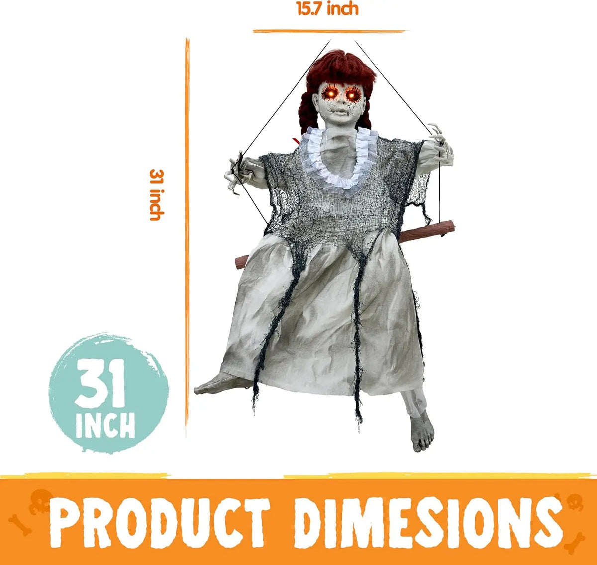 Scary Halloween Decorations Outdoor Halloween Hanging Scary Swing Girl Decorations Winging White Doll with Creepy Sound and Light Up Eyes Sound, Animatronics Hanging Decors Activated