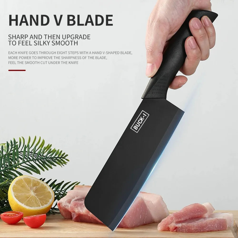 6pcs Kitchen Knife Set with Knife Holder High-grade Black Steel Knife Set Gift Knife Stainless Steel Kitchen Utensils Household