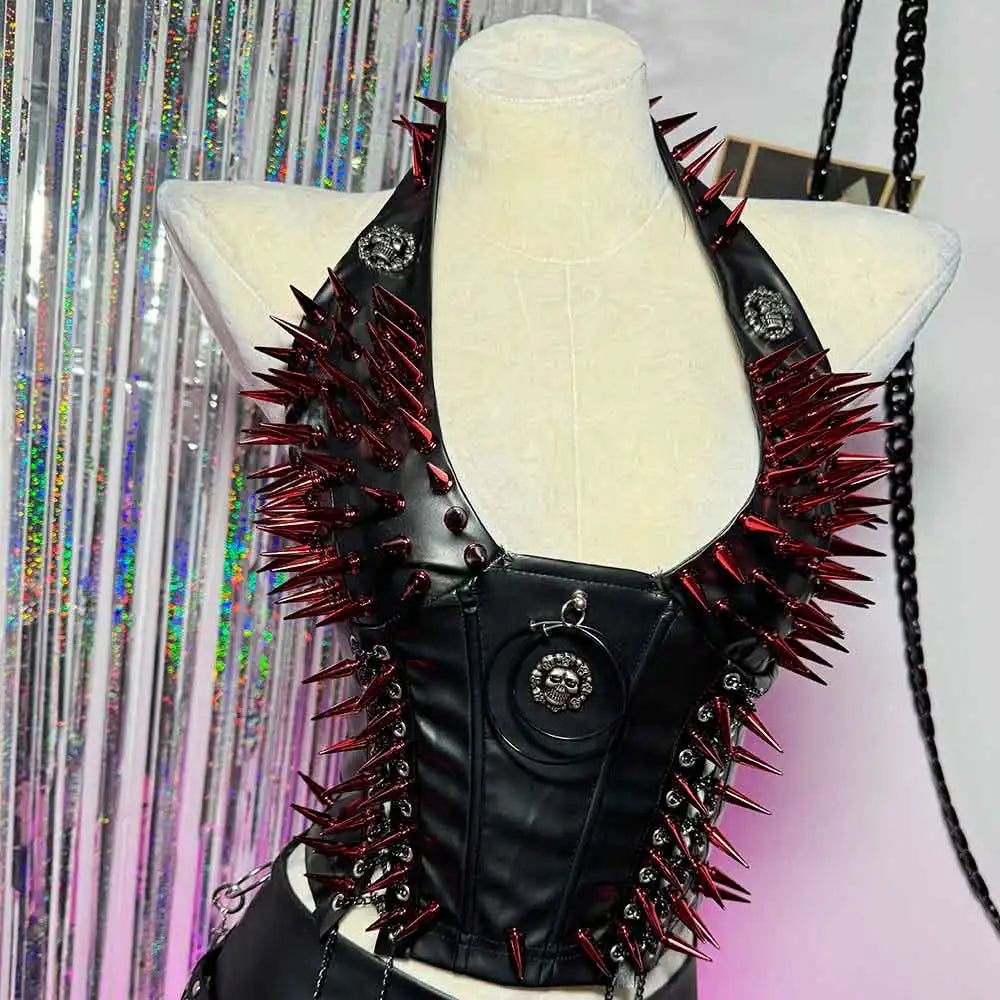 Eco 90s E-Girls Emo Teen Goth DIY Harajuku Y2K Vegan Leather TOPS Punk Rock Red Studded Hand Made Grunge Gothic Kawaii