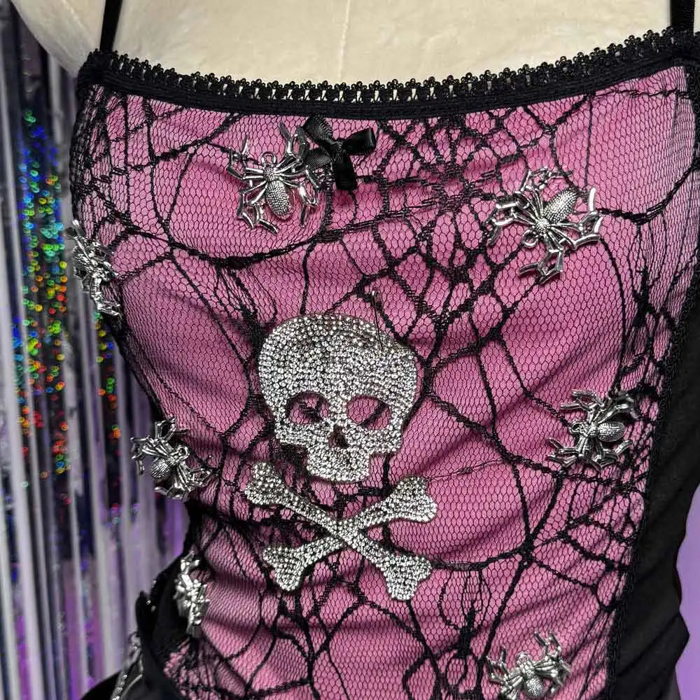 Pastel Pink Gothic Punk Rock Spider Halter Top Y2K Grunge Emo 90s Cyber Alternative E-Girl ALT Clothing Gothic Punk Rock Shirt