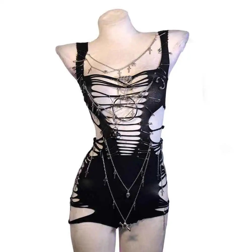 Women's Y2K Gothic Cyber Goth Cross Crop Top Emo Grunge Punk Style 90s Alternative E Girl Tank Top Sexy Cyberpunk Chain Clothing