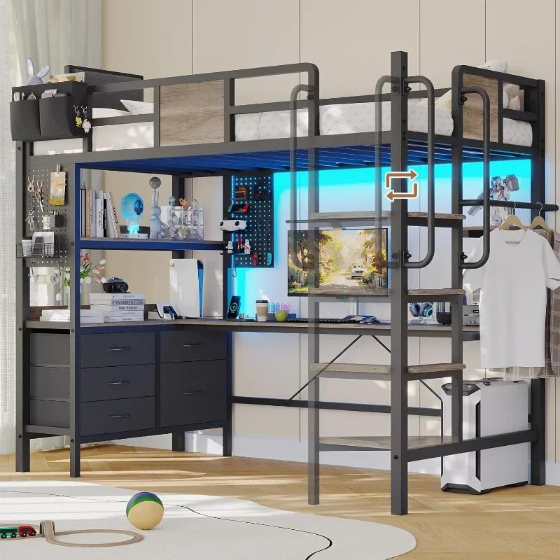Dnxao Twin Loft Bed with Desk and 5 Storage Drawers,Loft Bed Twin Size with LED Lights and Charging Station Metal Bunk Bed Frame