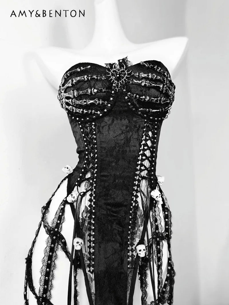 Original Heavy Industry Handmade Pure Black Goth Dark Strap Drawstring Corset Bird Cage Affordable Corset Top For Women