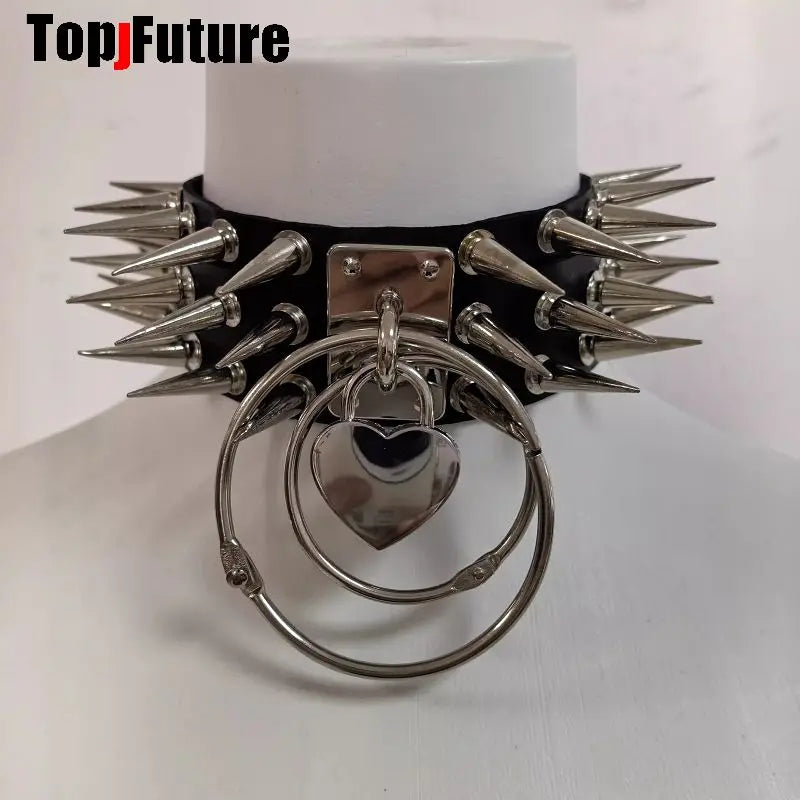 Women Men Spice Y2K Girl Harajuku Gothic Lolita Cosplay PU Punk Rivet Metal Necklace Streetwear Subculture Leather Choker