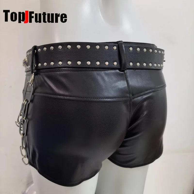 Y2K Spicy Girl Gothic Dark Punk Subculture PU Leather Shorts With Skull Chain Rivet Decor Niche Alternative Fashion Streetwear