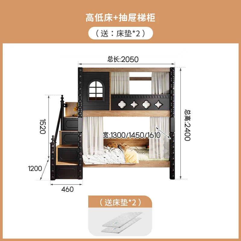 *-For Medieval style bed on and off the bed, double-layer all-solid wood upper and lower bunk thikened, high and low do no