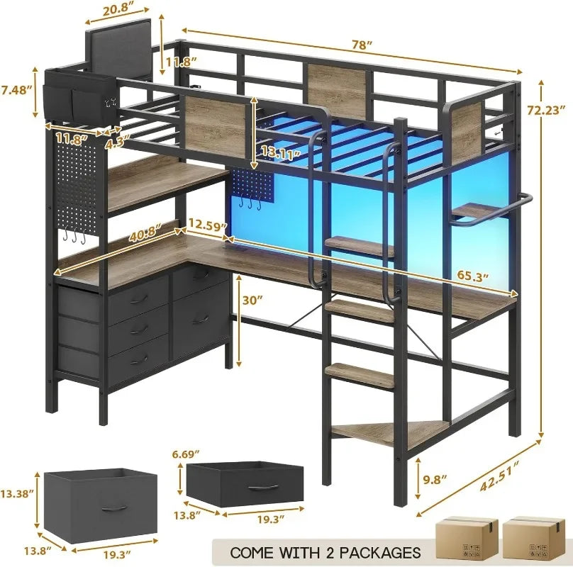 Dnxao Twin Loft Bed with Desk and 5 Storage Drawers,Loft Bed Twin Size with LED Lights and Charging Station Metal Bunk Bed Frame