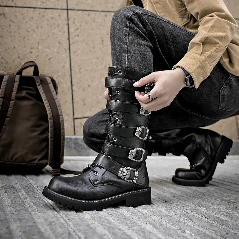 Men's Punk Gothic Biker Boots Tall Harness Buckle Side Zipper Riding Boots for Cosplay Costume Performance Comfortable Black