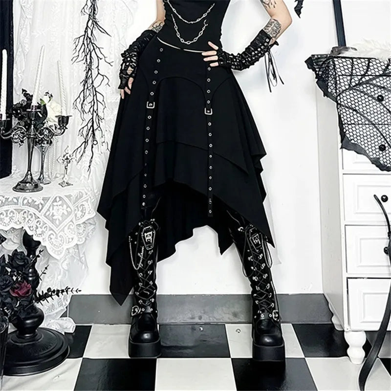 Goth Dark Punk Fashion Multi Layer Bottoms Mall Gothic Irregular Hem Skirts Y2K Grunge Corn Blet Design Skirt Women Streetwear