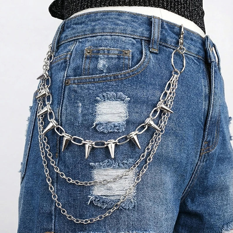Layered Punk Steet Spike Rivet Metal Chain Keychains For Women Men Pants Jeans Biker Goth Rock Belt Chains Jewelry Accessories