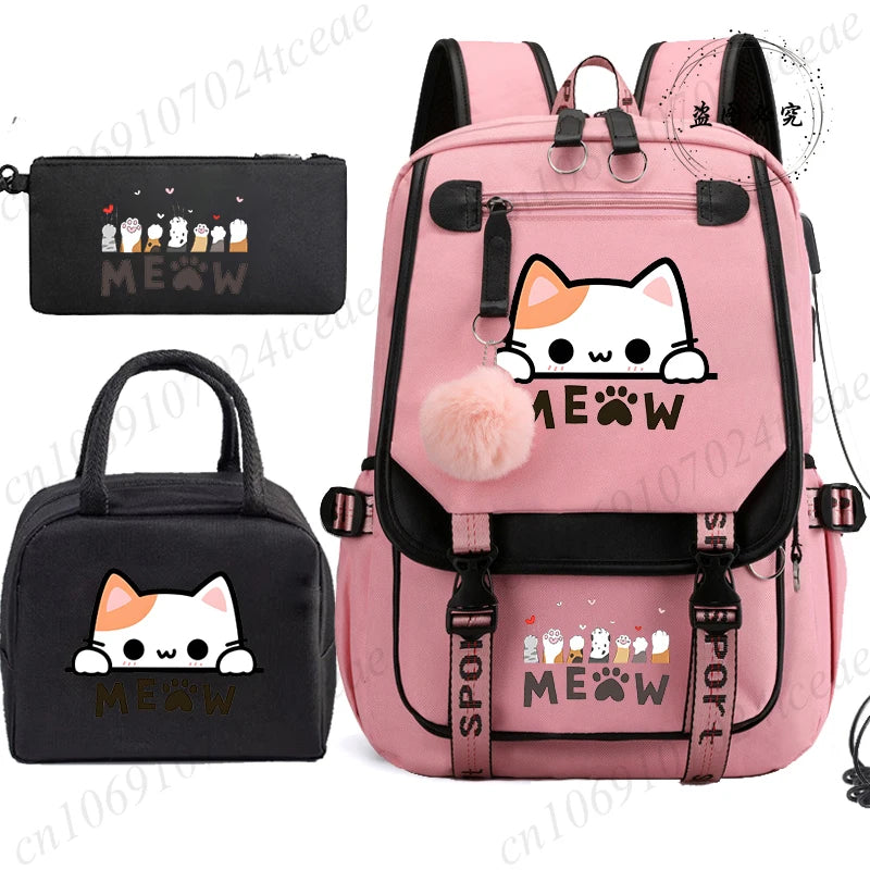 Teenager School Backpack for Students Daily Bagpack Backpacks for Girl Black Cat Cartoon School Bag with Pen Lunch Bags 3pcs/set