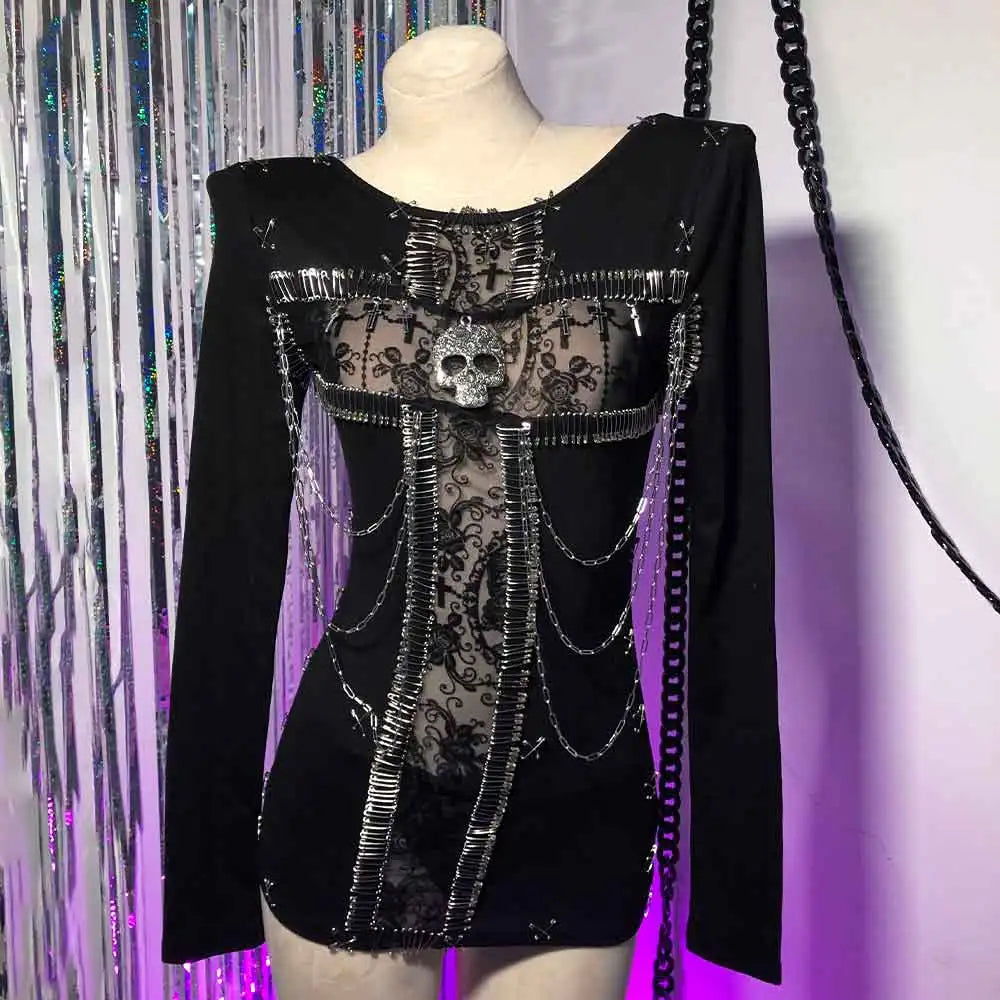 Harajuku Teen Punk Rock DIY E-Girls Gothic T-Shirt Emo Y2K TOPS Cross Grunge Kawaii Eco Goth Hand Made Pin 90s Rave Outfits