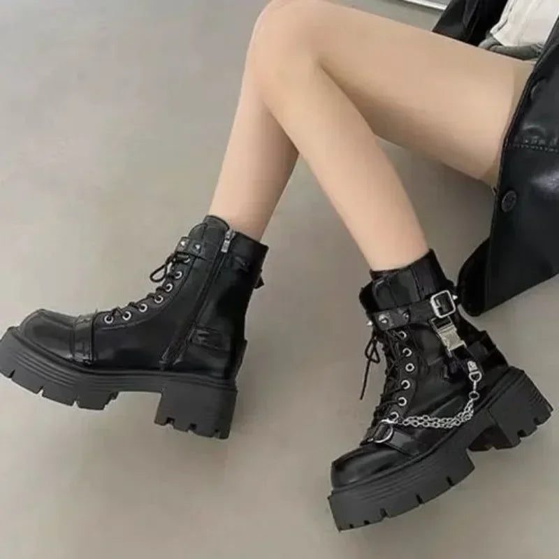 2025 New Women's Boots Gothic Ladies Shoes Rivet Chain Design Short Boots Fashion Lady Rock Boots Metal Decor Punk Women Shoes