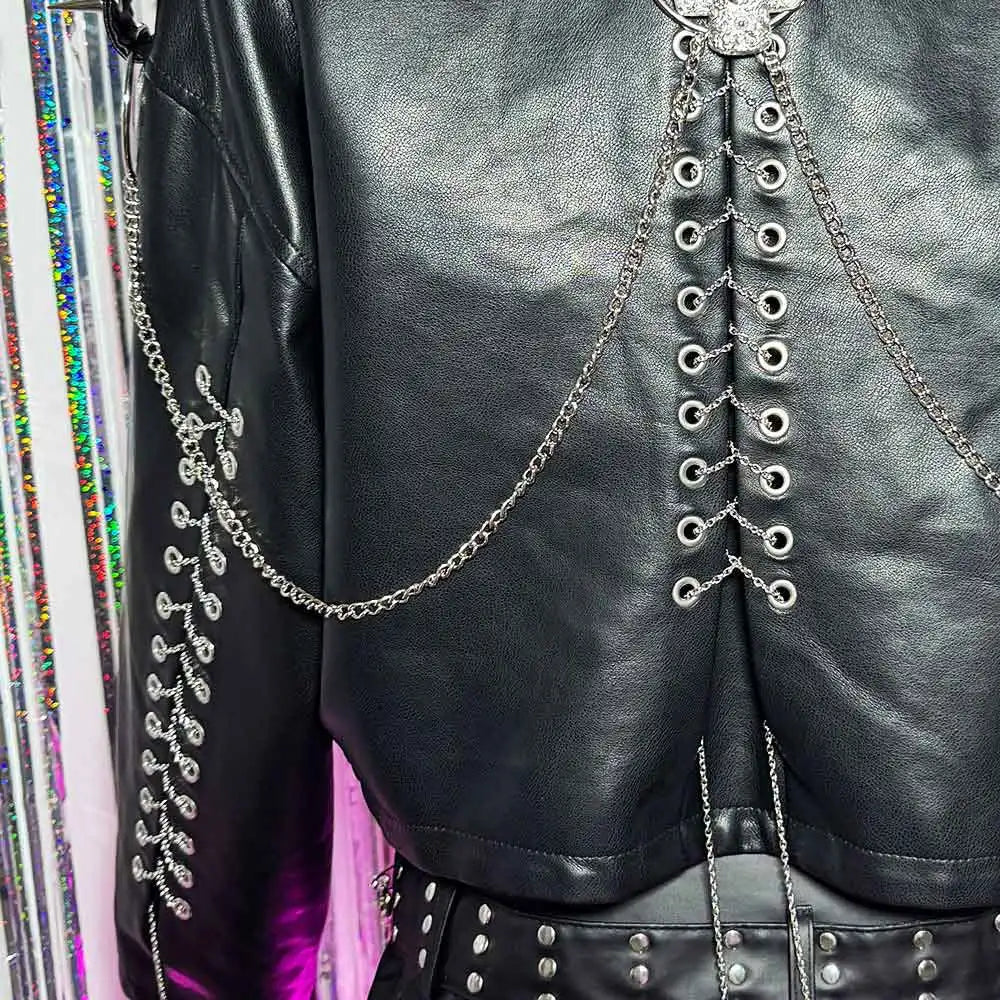 90s Gothic Y2K Vegan Leather Skull Studded Jacket Coat E-Girls DIY Punk Rock Chain Goth Hand Made Grunge Trendy Harajuku Eco Emo