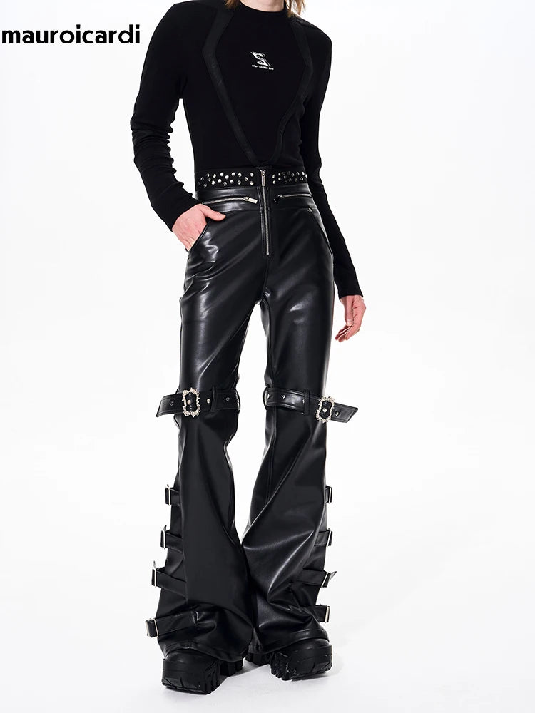 Mauroicardi Spring Autumn Cool Handsome Long Black Pu Leather Flare Pants for Men Rivet Luxury Designer Alternative Emo Clothes