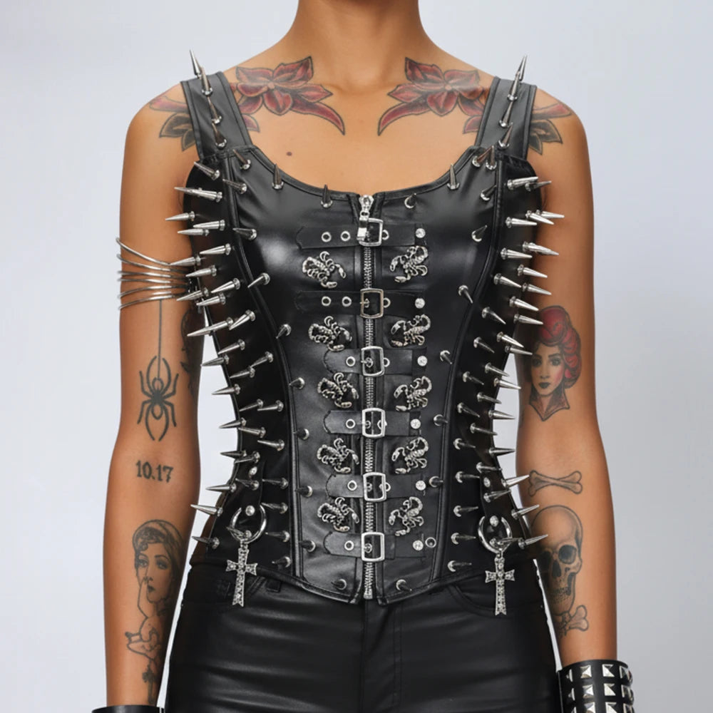Women's Y2K Emo Clothing Grunge Goth Cross Tanks Top with Spikes Studded Scorpion Punk Rock Design for Rave Festival Shirt Teens
