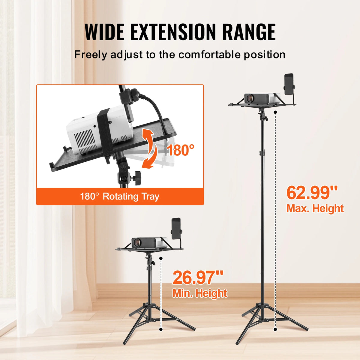SucceBuy Portable Projector Tripod Stand Adjustable Height w/ Tray & Gooseneck Phone Holder for Outdoor Movies Home Office Stage
