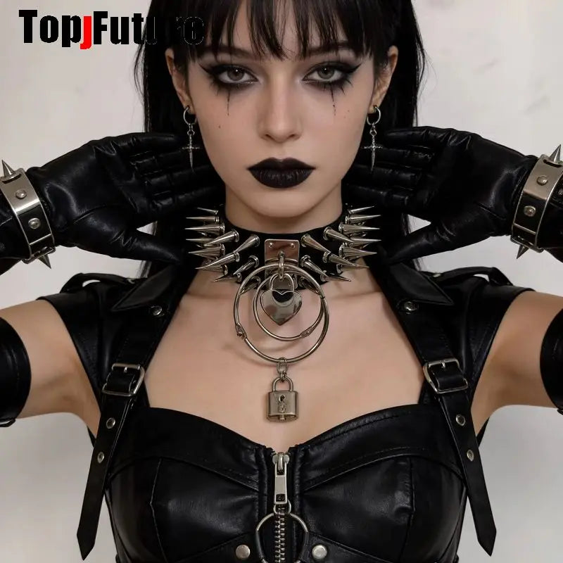 Women Men Spice Y2K Girl Harajuku Gothic Lolita Cosplay PU Punk Rivet Metal Necklace Streetwear Subculture Leather Choker