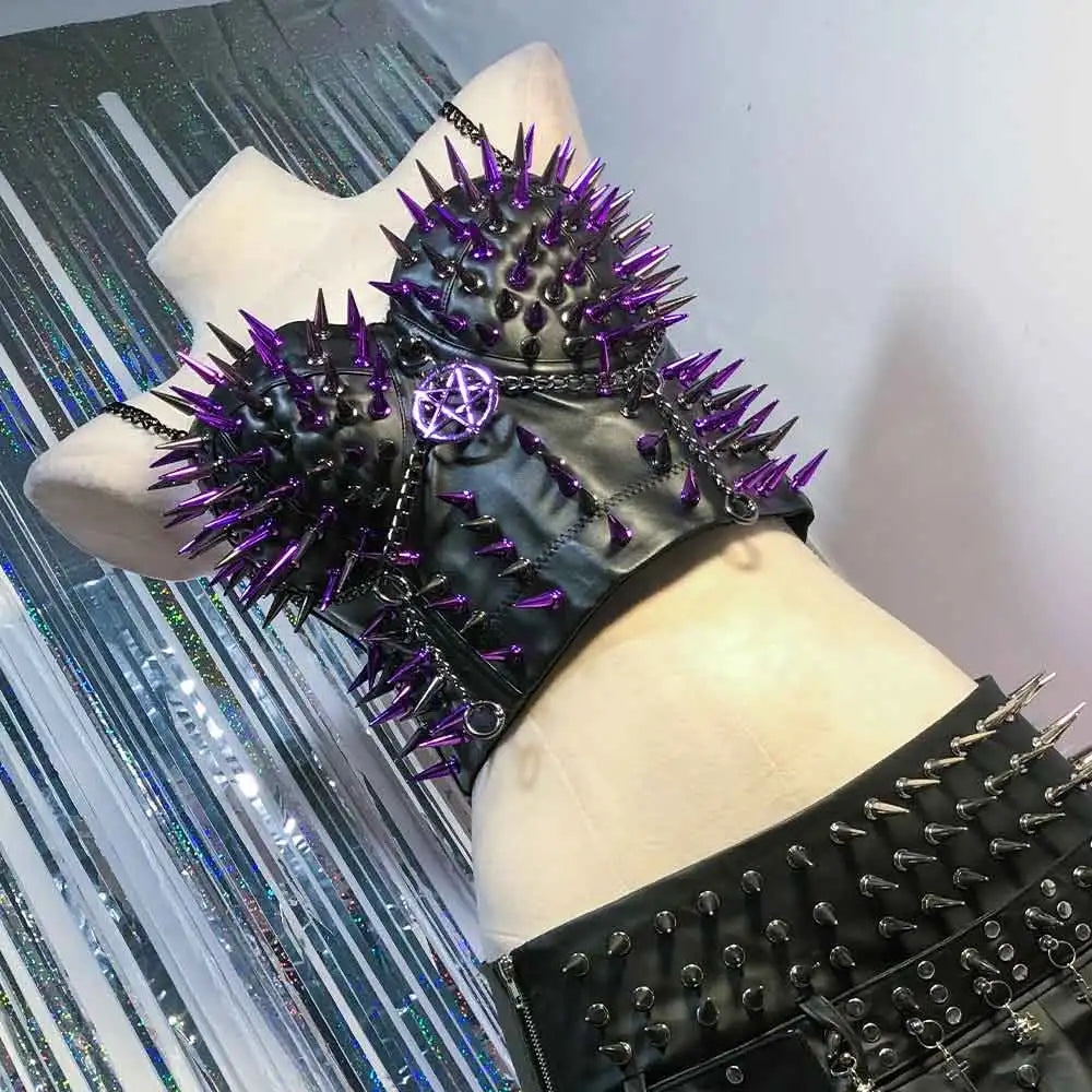 Emo Teen Kawaii Grunge Club Wear Gothic Y2K Vegan Leather TOPS Goth DIY Harajuku Punk Rock Purple Studded E-Girls Eco 90s Fairy
