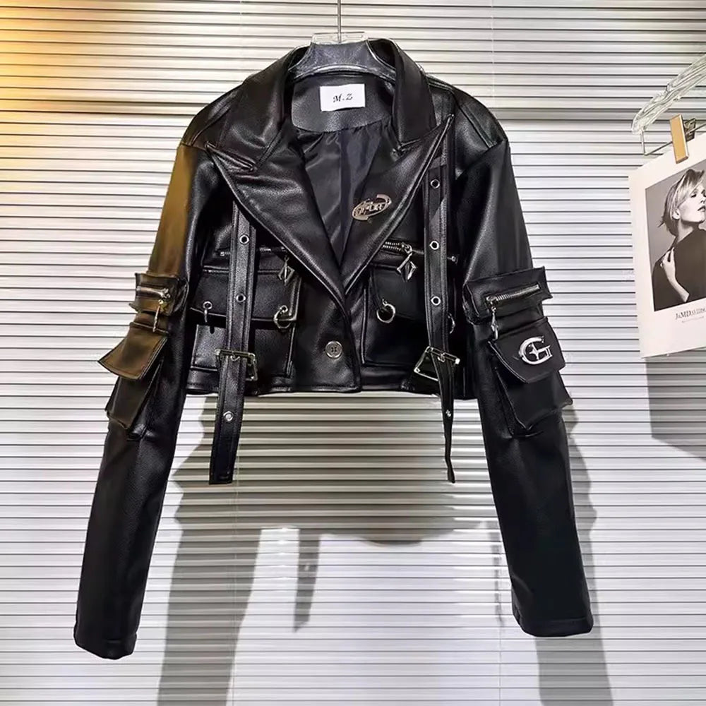 Spring Autumn New Leather Coat Pocket Texture Wash Skin Leather Jacket For Women Short PU Leather High Street Outerwear Female