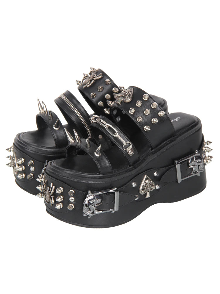 2026 New Product Lolita Heavy Industry Rivet Decorative High Heels Sweet Retro Lolita Gothic Style Sponge Slippers