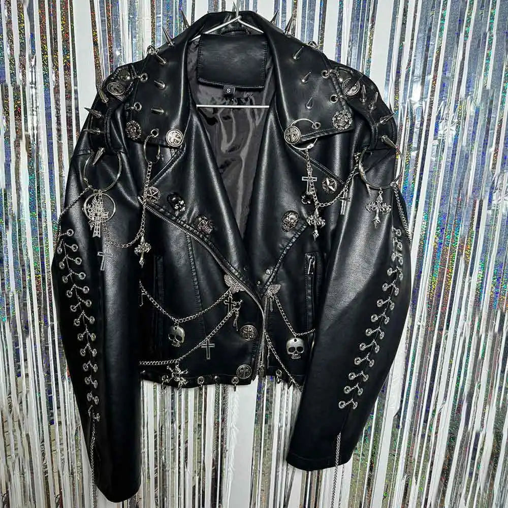 90s Gothic Y2K Vegan Leather Skull Studded Jacket Coat E-Girls DIY Punk Rock Chain Goth Hand Made Grunge Trendy Harajuku Eco Emo