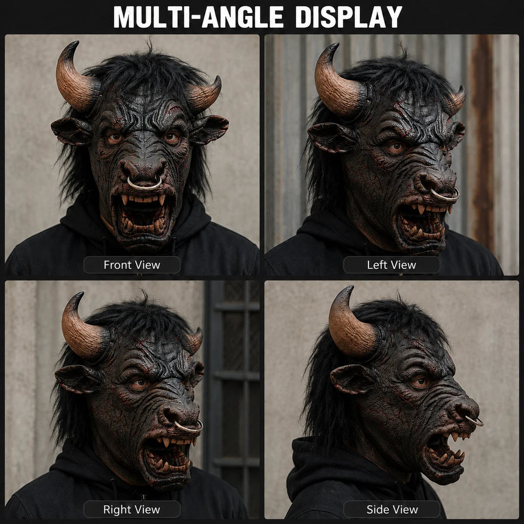 Scary Bull Mask with Horns Nose Ring Fangs Black Hair for Halloween Costume Cosplay Party Animal Headgear
