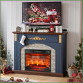 44in Electric Fireplace with Mantel, Stacked Stone, Gold Carvings, 23in Red Brick Insert, Blue