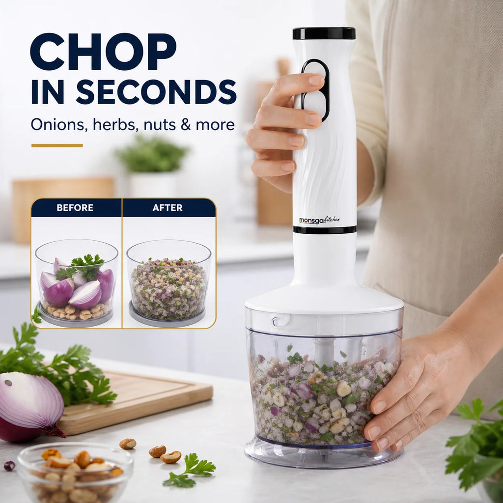 MONSGA By erabros Electric Hand Immersion Blender Mixer, 4 in 1 Hand Mixer Detachable Stick Blender Multifunctional Egg Whisk Milk Frother with 2 Mixing Speed, Includes Vegetable Chopper Meat Grinder Juice Whisk Cup