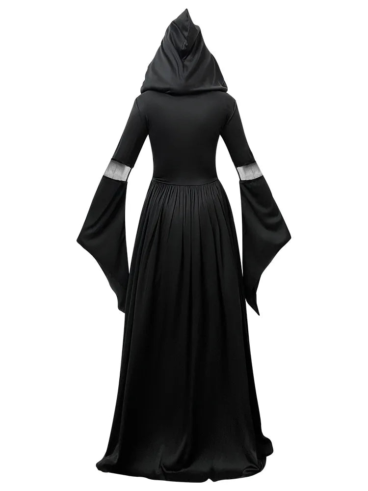 Halloween Witch Dress Gothic Vintage Dark-Style Hooded Vampire Dresses Bell Sleeves Full Skirt Waist Cinched Festival Party Gown