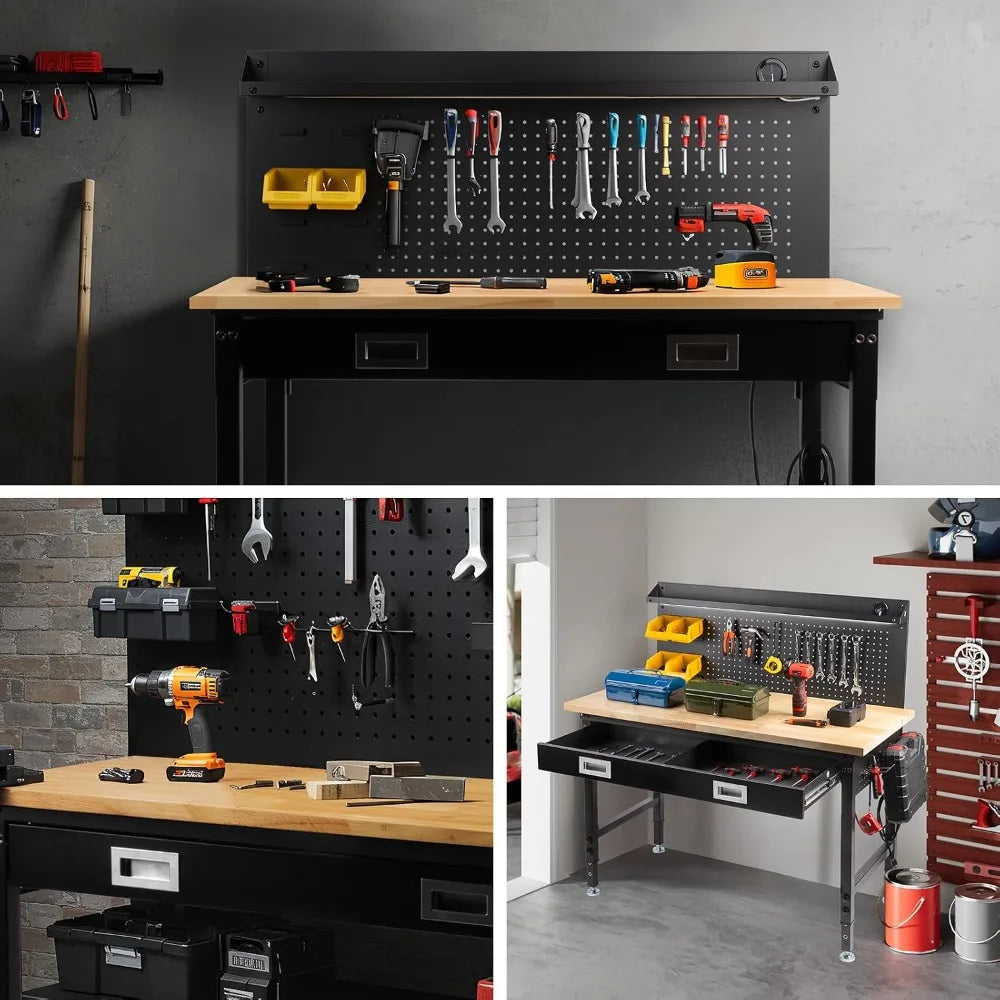 60 in Workbench with Drawers, Heavy Duty Garage Work Table with Pegboard, Power Outlet, Rubber Wood