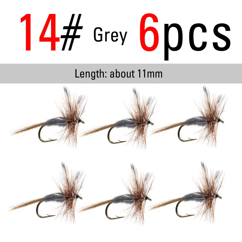 ICERIO  6pcs #10 - #18 Yellow / Grey Adams Dry Flies Caddis Midge Adult Mayfly Trout Fishing Lure Bait