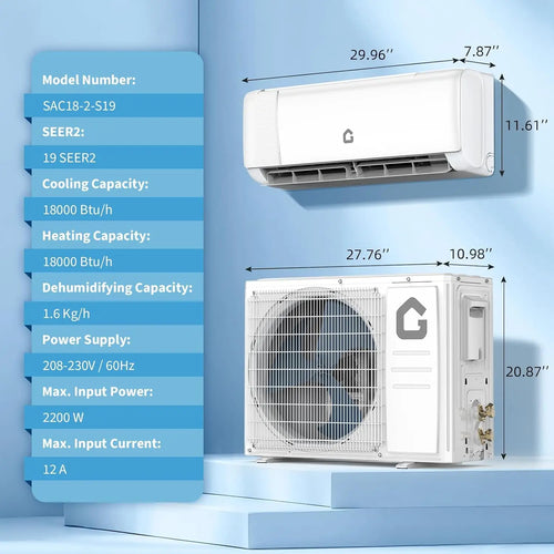 18000 BTU Mini Split AC/Heating System, 19 SEER2 Ductless Inverter Split Air Conditioner Unit with Heat Pump, 5 Modes,, Custom