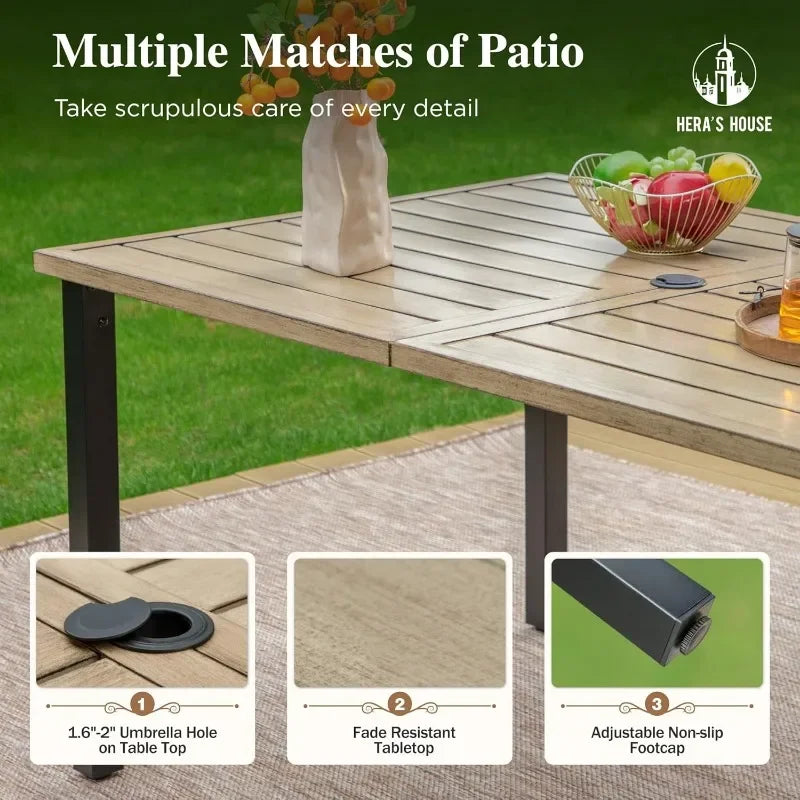 HERA'S HOUSE Patio Table and Chairs for 6, 7 Pieces Outdoor Deck Dining Sets, Wood-Like Rectangular Metal Table Set with Chairs